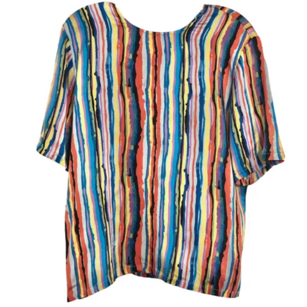 Vintage Gallant NY 100% silk multicolored striped short sleeve top w flaw, Med